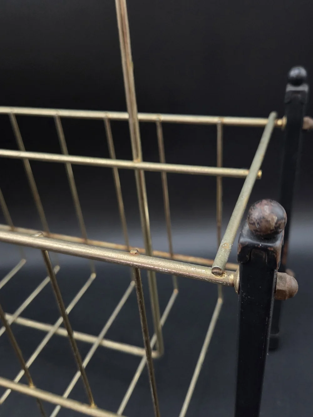 Vintage MCM Minimalist Gilt Brass Cage Rustic Iron Frame Design Magazine Rack